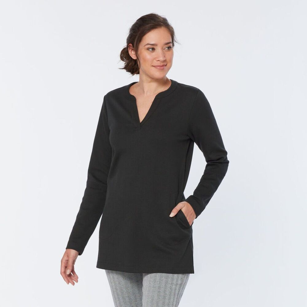 Duluth Trading Co Womens XXL Ponte Pro Tunic Top Black Split V Neck Pockets Knit